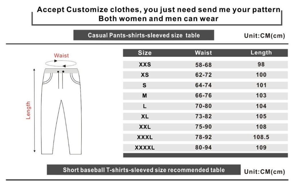 Sweatpant sizechart